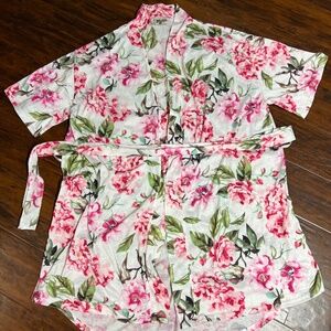 Show Me Your Mumu White Pink Floral Kimono Cover up Short Sleeve Sz O/S w/belt
